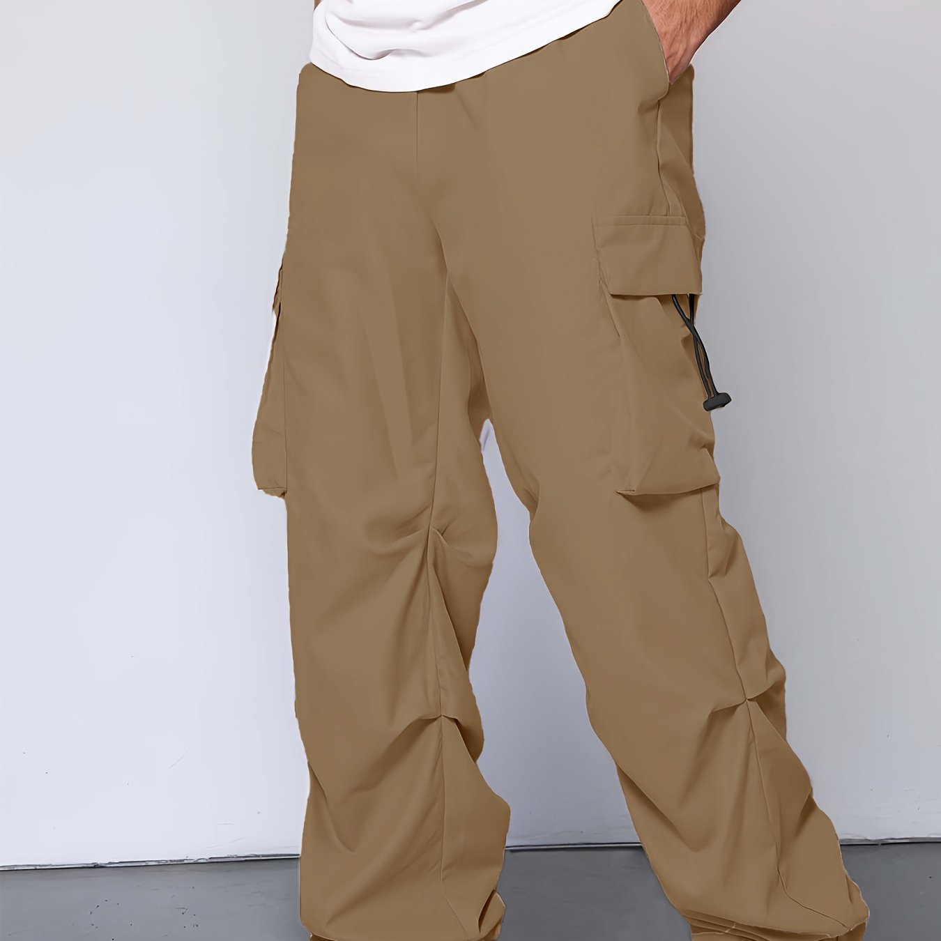 [Unisex Cargo Pants] Durable Polyester Unisex Cargo Pants with Multiple Pockets | Loose Fit Casual Outdoor Hiking Pants for Men & Women, Adjustable Drawstring Waist, Beige, Streetwear Style