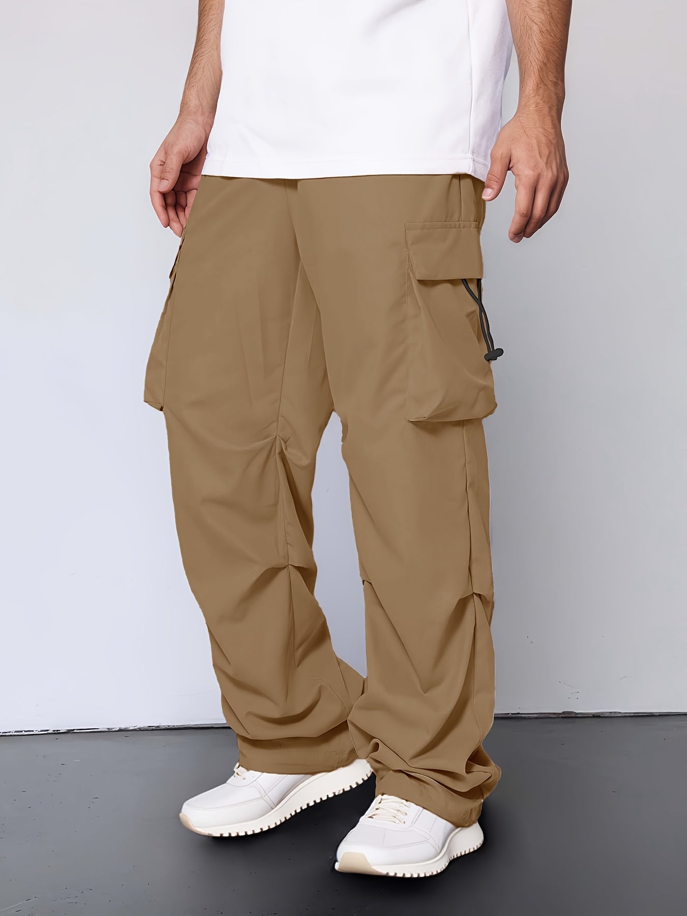 [Unisex Cargo Pants] Durable Polyester Unisex Cargo Pants with Multiple Pockets | Loose Fit Casual Outdoor Hiking Pants for Men & Women, Adjustable Drawstring Waist, Beige, Streetwear Style