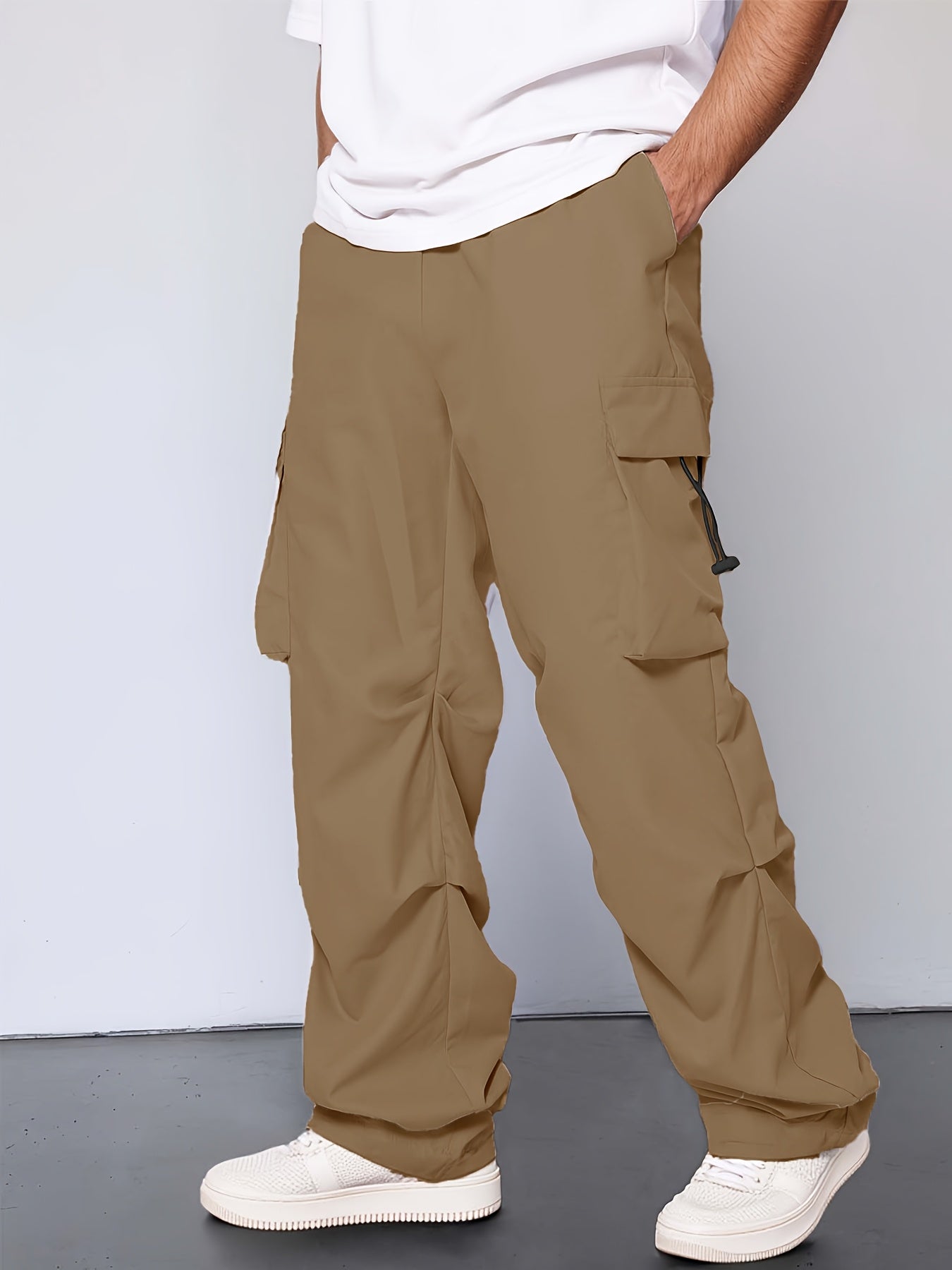 [Unisex Cargo Pants] Durable Polyester Unisex Cargo Pants with Multiple Pockets | Loose Fit Casual Outdoor Hiking Pants for Men & Women, Adjustable Drawstring Waist, Beige, Streetwear Style