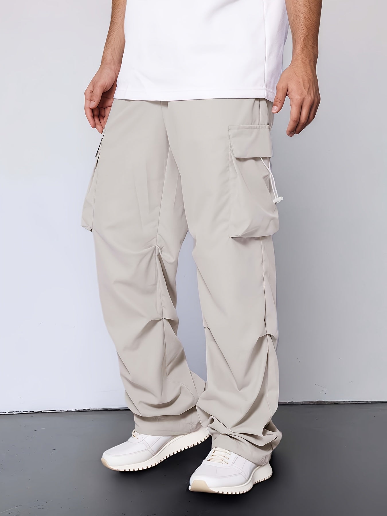 [Unisex Cargo Pants] Durable Polyester Unisex Cargo Pants with Multiple Pockets | Loose Fit Casual Outdoor Hiking Pants for Men & Women, Adjustable Drawstring Waist, Beige, Streetwear Style