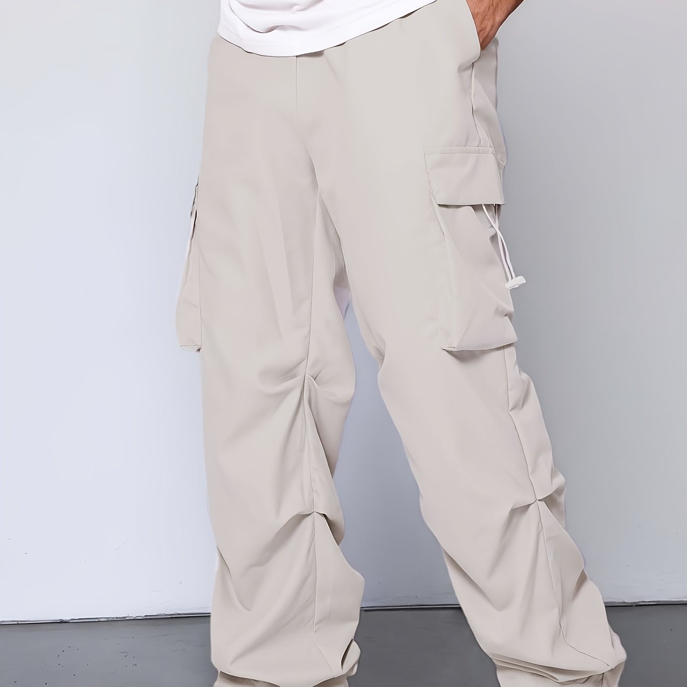 [Unisex Cargo Pants] Durable Polyester Unisex Cargo Pants with Multiple Pockets | Loose Fit Casual Outdoor Hiking Pants for Men & Women, Adjustable Drawstring Waist, Beige, Streetwear Style