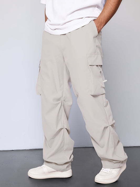 [Unisex Cargo Pants] Durable Polyester Unisex Cargo Pants with Multiple Pockets | Loose Fit Casual Outdoor Hiking Pants for Men & Women, Adjustable Drawstring Waist, Beige, Streetwear Style