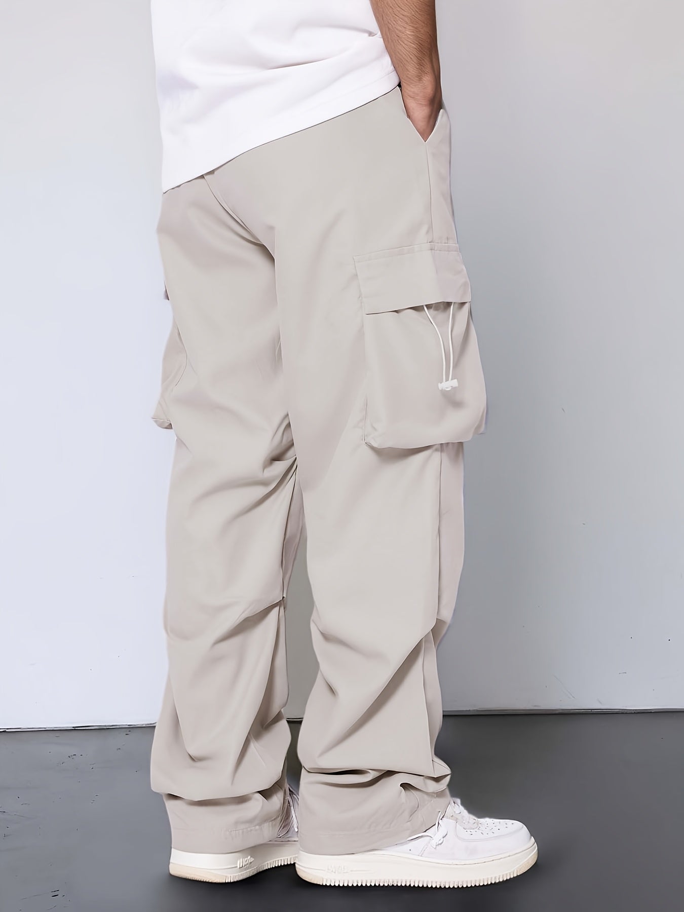 [Unisex Cargo Pants] Durable Polyester Unisex Cargo Pants with Multiple Pockets | Loose Fit Casual Outdoor Hiking Pants for Men & Women, Adjustable Drawstring Waist, Beige, Streetwear Style